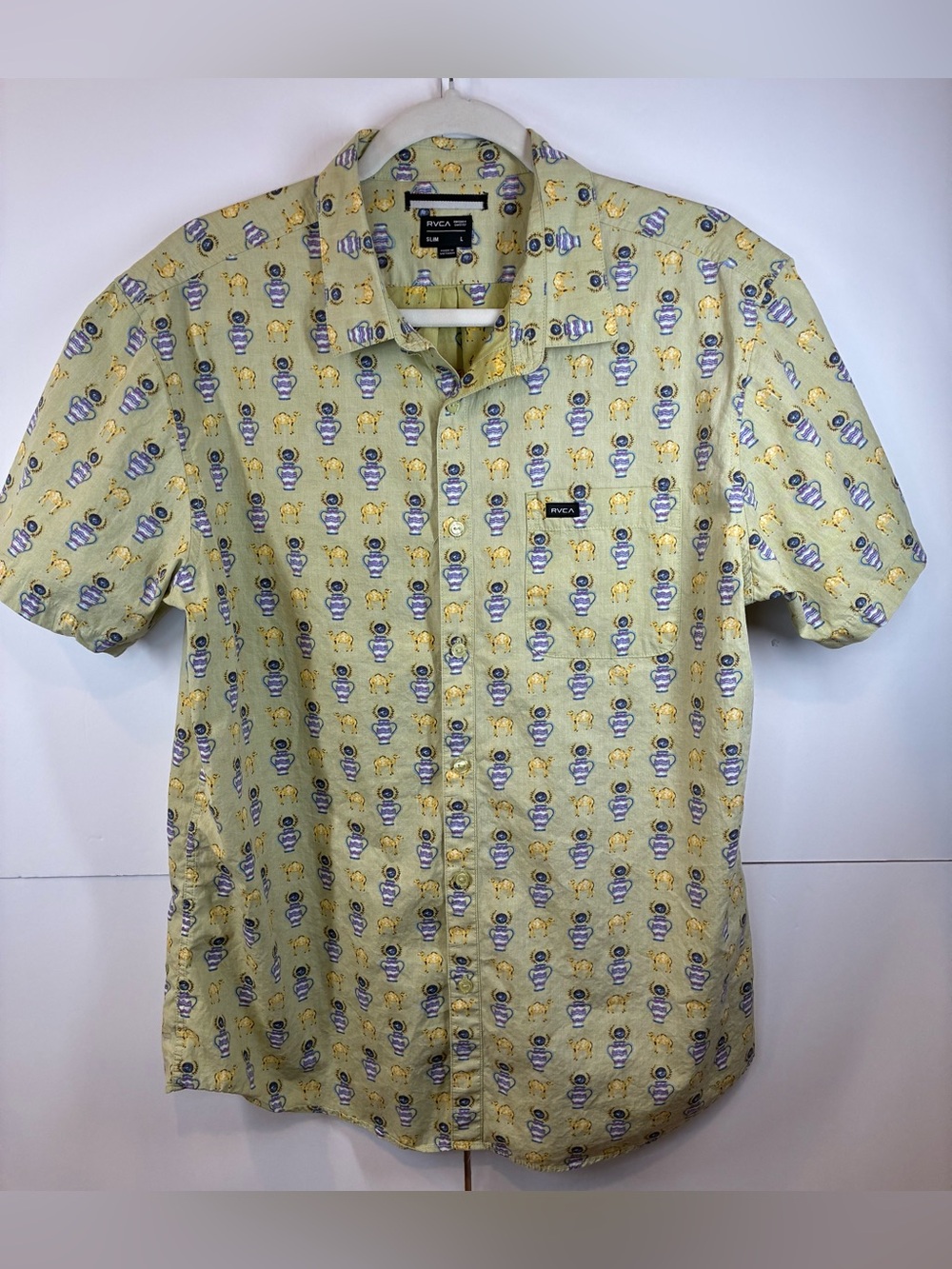 RVCA Mens Slim Fit Button Front Shirt Camel Pottery Print Short Sleeve  Sz Large